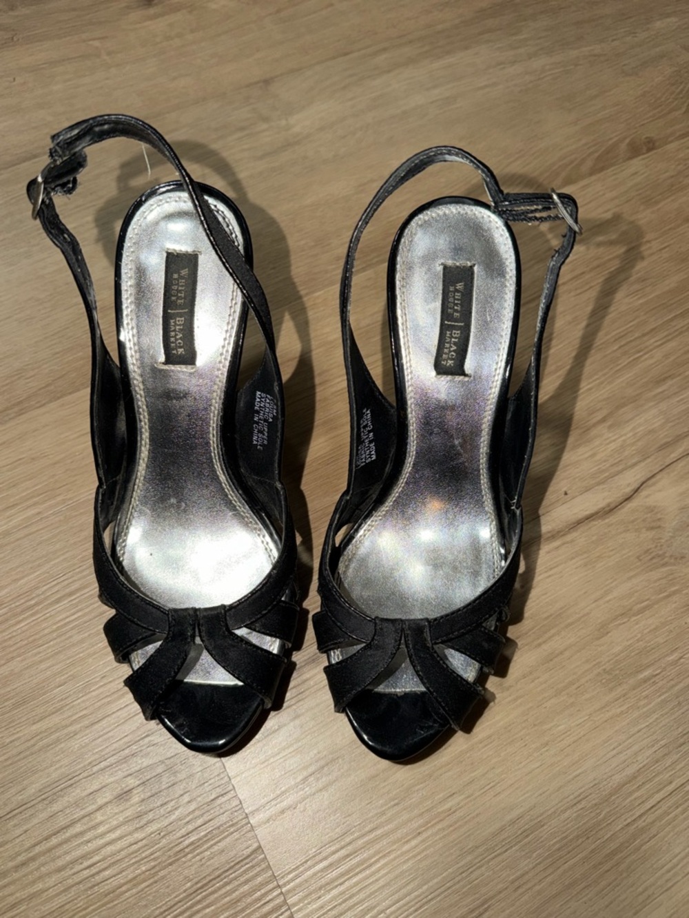 White House Black Market Black Satin Peep-Toe Slingbacks
